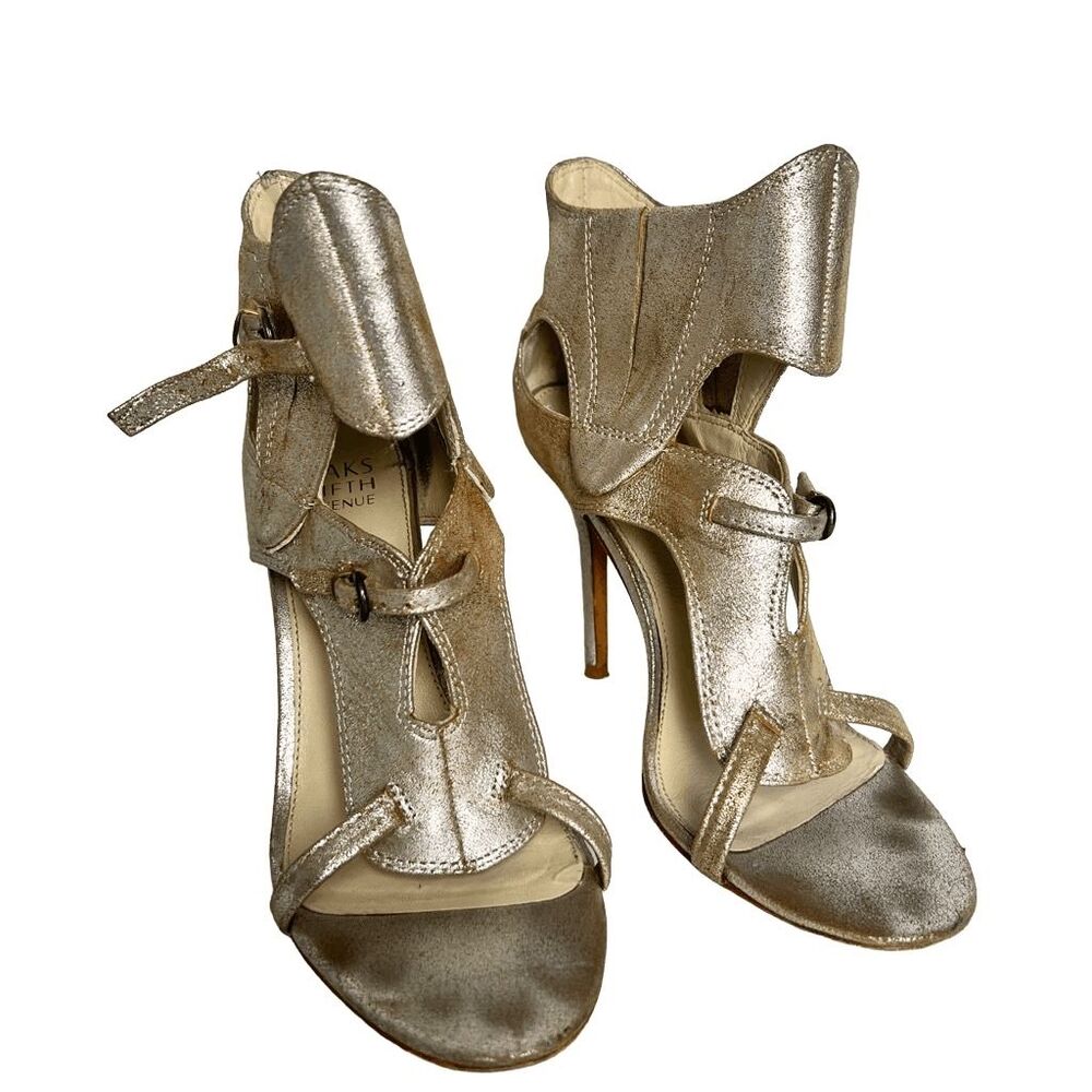 Saks Fifth Avenue Heels Stiletto Heels Open Toe Ankle Strap Buckle Leather Metal - Picture 3 of 4
